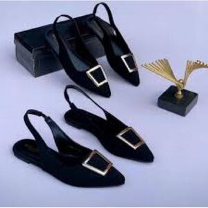 Brunate Slingback Sandal with large metal Square Buckle Detail Black Silver 40.5